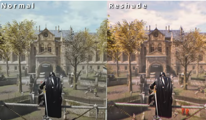 Stone gothic facade comparison showing stock colors against a ReShade graded look