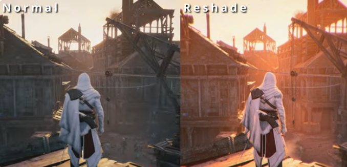 Side-by-side harbor evening frame: stock grade versus ReShade warmer contrast pass