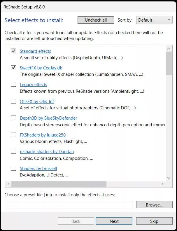 ReShade Setup 6.8.0 dialog with Standard, SweetFX, OtisFX and related effect packs listed